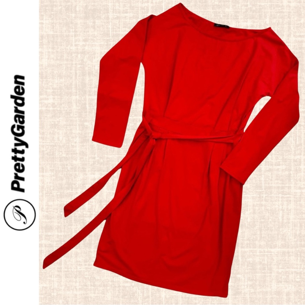 Pretty Garden Red Slim Fit Tie Waist Ruched Tie Closure T-Shirt Dress